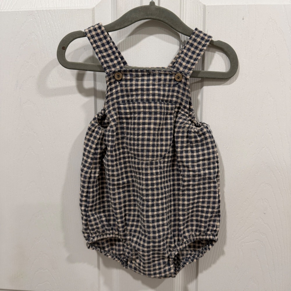 Zara Baby Gingham Bubble Romper Navy Tan 12-18 Months 6061/673/401